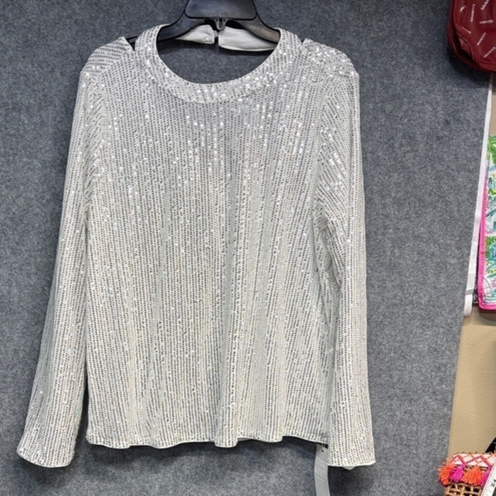 Grace Karen white lined Silver Sequin shining Long Sleeve open back shirt  XL